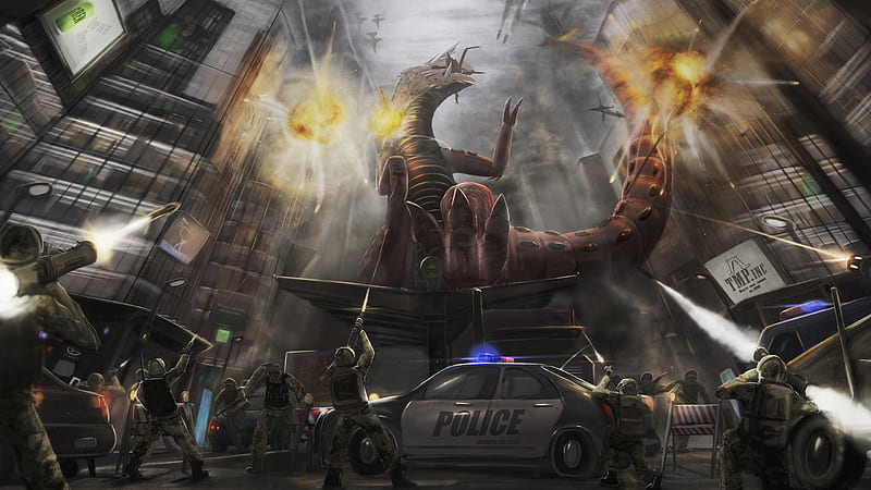 Polices And AirForce Are Trying To Shoot Godzilla In The Center Of Buildings Movies, HD wallpaper