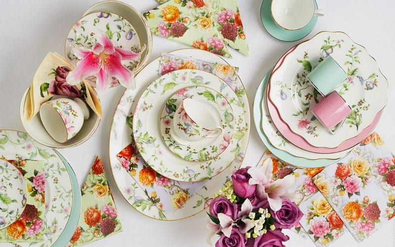 Floral Dishware, plate, dishware, cups, floral, HD wallpaper