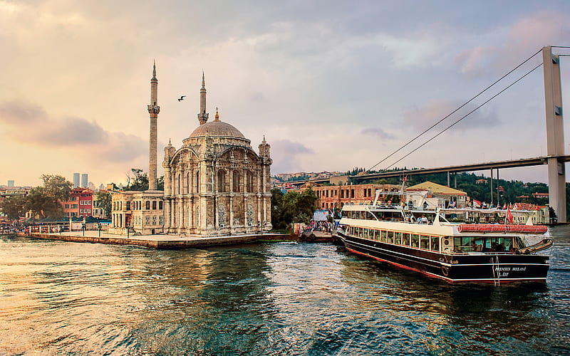 Ortakoy Mosque, Istanbul, Fatih Sultan Mehmet Bridge, evening, sunset, Bosphorus, boat, Turkish mosque, Turkey, HD wallpaper