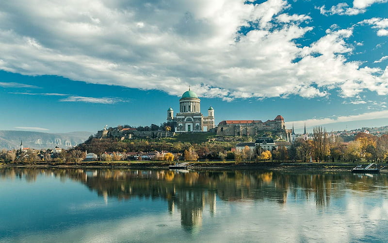 Esztergom Basilica, river, morning, basilica, sunrise, Esztergom, Hungary, HD wallpaper