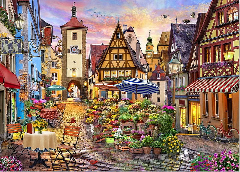 Bavarian Town, table, restaurant, houses, tower, flowers, chairs, bicycles, street, HD wallpaper