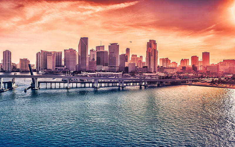 Miami, Downtown, skyscrapers, evening, sunset, Miami cityscape, modern buildings, Miami skyline, Florida, United States, Central Business District of Miami, HD wallpaper