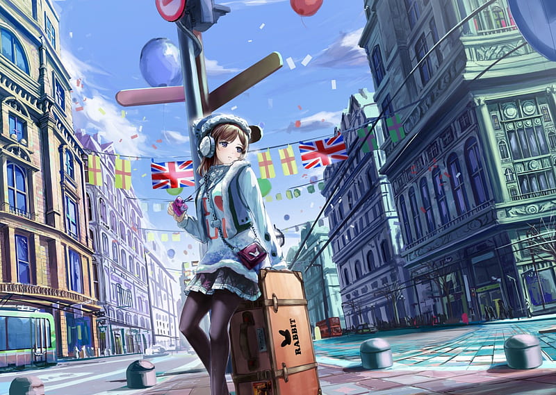 Big City, pretty, house, scenic, cg, bag, home, bonito, sweet, nice, city, anime, beauty, anime girl, scenery, female, lovely, town, lonely, sky, building, alone, girl, lone, scene, HD wallpaper