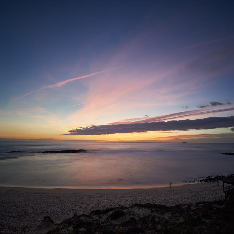 sea, horizon, sunset, clouds, sky, twilight, HD phone wallpaper