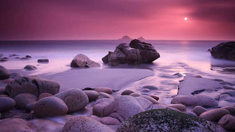 ROSE COLORED HORIZONS, rocks, sun, sunset, low tide, sea, beach, waterscapes, horizons, pink, seas of glass, HD wallpaper