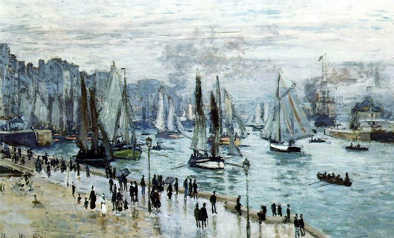 Ships leaving the port by Monet, ships, colorful, house, paris, painted, bonito, impressionist, sea boats, boat, people, colored, painting, blue, museum, ocean, port, colors, sky, water, cool, ship, france, painter, monet, impressionism, landscape, HD wallpaper