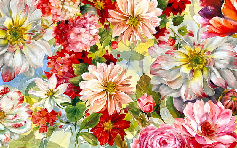 painted flowers texture, floral background, texture with flowers, painted flowers, colorful floral background, HD wallpaper