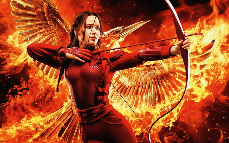 The Hunger Games - Mockingjay - Part 2, poster, red, part 2, wings, movie, the hunger games, woman, katniss, fire, fantasy, girl, actress, Jennifer Lawrence, archer, mockingjay, HD wallpaper