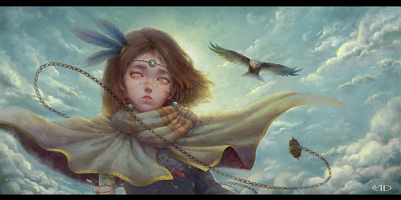 Song of the wind, cloud, fantasy, mu liao, luminos, bird, eagle, scarf, art, wind, sky, HD wallpaper