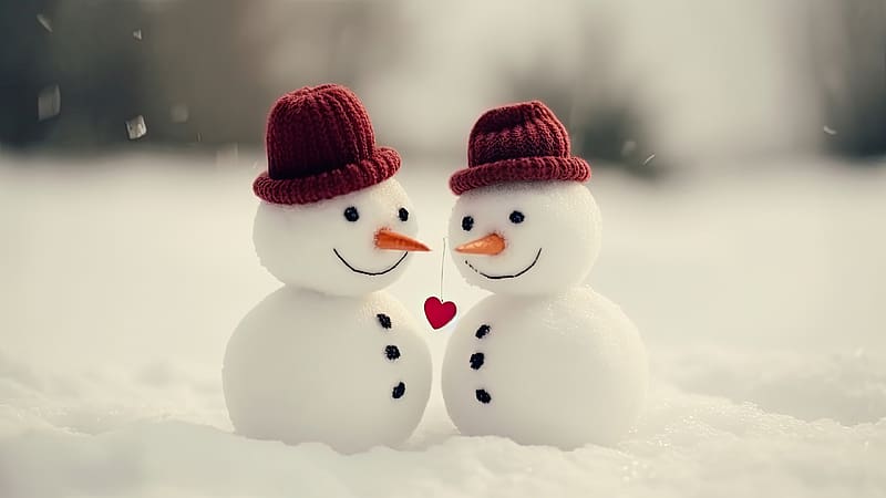 Snowmen, winter, snowman, white, christmas, iarna, red, couple, hat, craciun, HD wallpaper