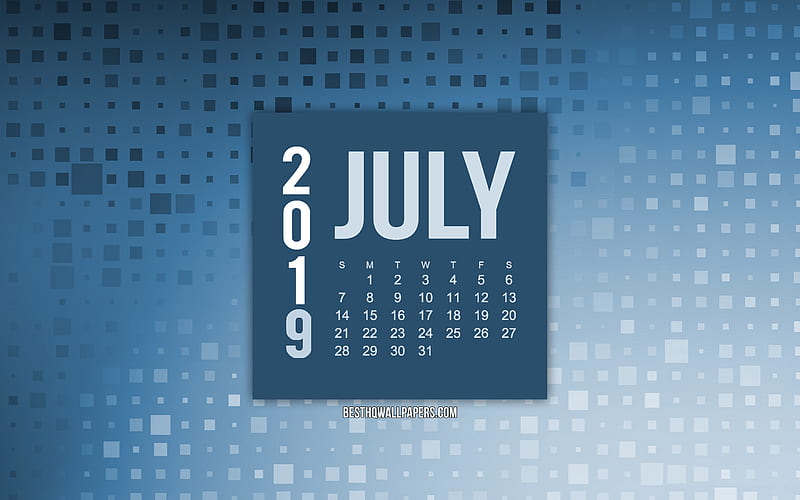 July 2019 calendar, blue creative background, 2019 calendars, July, 2019 concepts, blue 2019 July calendar, HD wallpaper