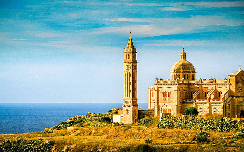 Basilica of the National Shrine of the Blessed, Malta, Mediterranean Sea, catholic temple, evening, sunset, seascape, HD wallpaper