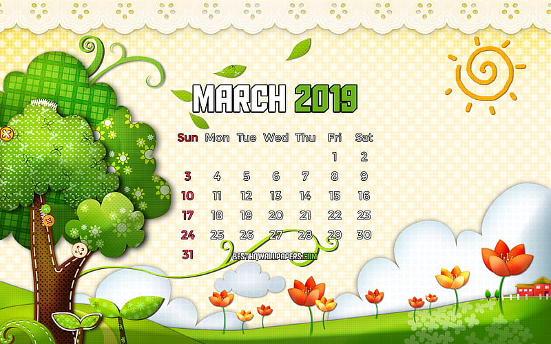 March 2019 Calendar spring landscape, 2019 calendar, cartoon landscape, March 2019, abstract art, Calendar March 2019, artwork, 2019 calendars, HD wallpaper