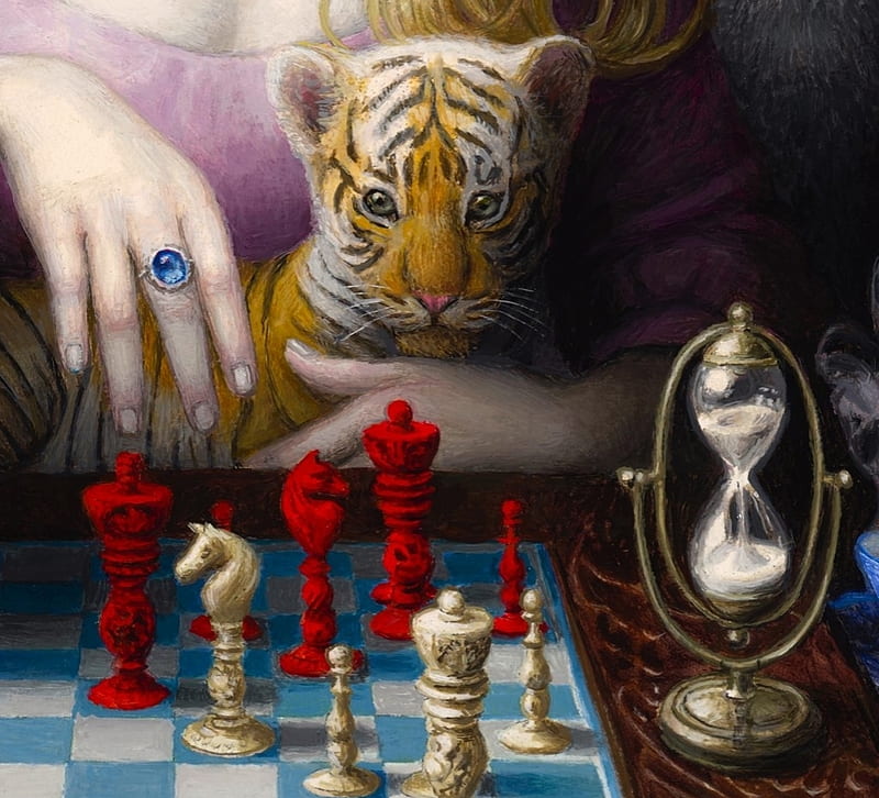 Alice (detail), art, fantasy, alice, hand, tiger, pictura, chie yoshii, chess, painting, HD wallpaper