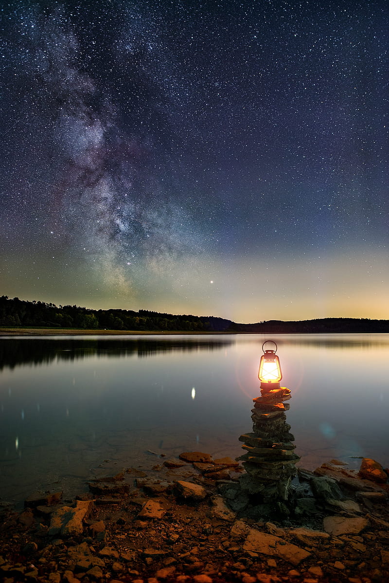 lake, lantern, night, shore, stones, HD phone wallpaper