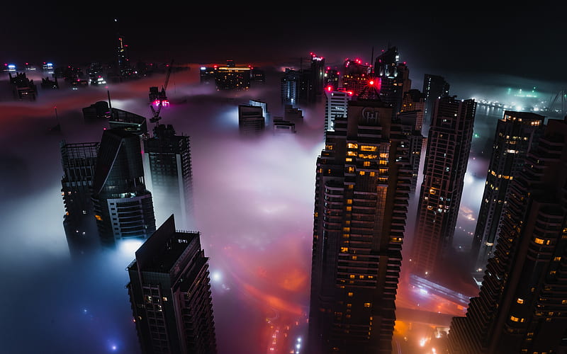Dubai, fog, clouds, night, lights, skyscrapers, cityscape, UAE, United Arab Emirates, HD wallpaper