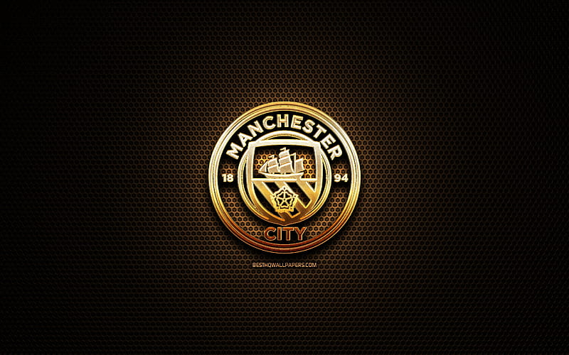 Manchester City FC, glitter logo, Premier League, english football club, metal grid background, Manchester City glitter logo, football, soccer, Manchester City, England, HD wallpaper