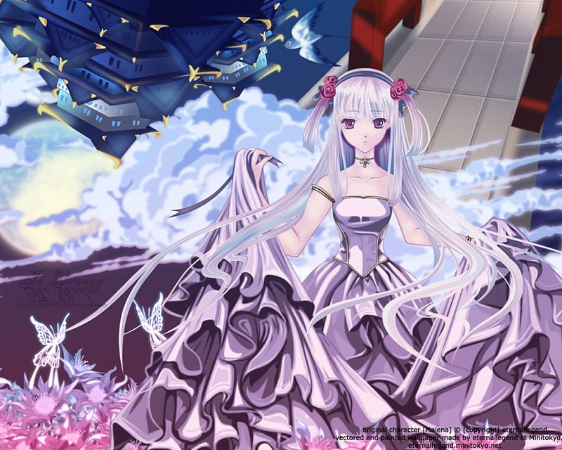 White Hair Blue Dress Flowers Princess Purple Eyes Anime Girl HD