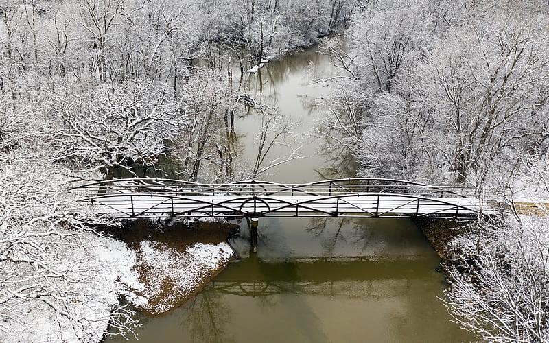 Footbridge, snow, bridge, winter, HD wallpaper