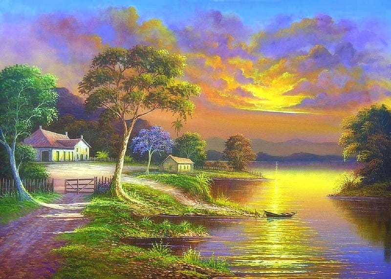 Sunset at the River, rural, cottages, love four seasons, attractions in dreams, boat, paintings, paradise, sunsets, landscapes, summer, nature, rivers, HD wallpaper