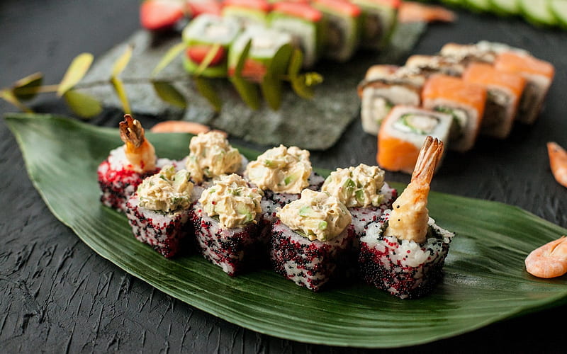 Japanese food, sushi, rolls, seafood, Japanese cuisine, HD wallpaper