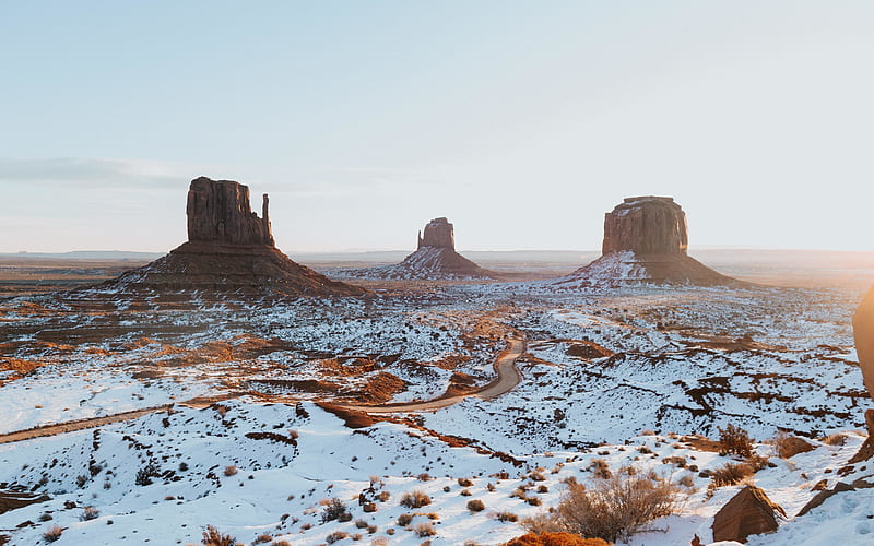 Arizona, winter, Monument Valley, snow, Colorado Plateau, West Mitten Butte, East Mitten Butte, Merrick Butte, winter landscape, USA, HD wallpaper