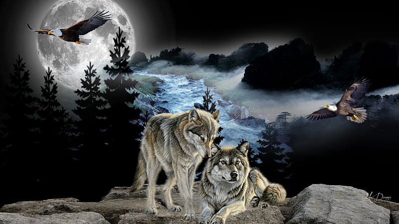 Wolves Lookout, full moon, mountains, woods, birds, wolves, trees, eagles, forest, spiritual, waterfalls, HD wallpaper
