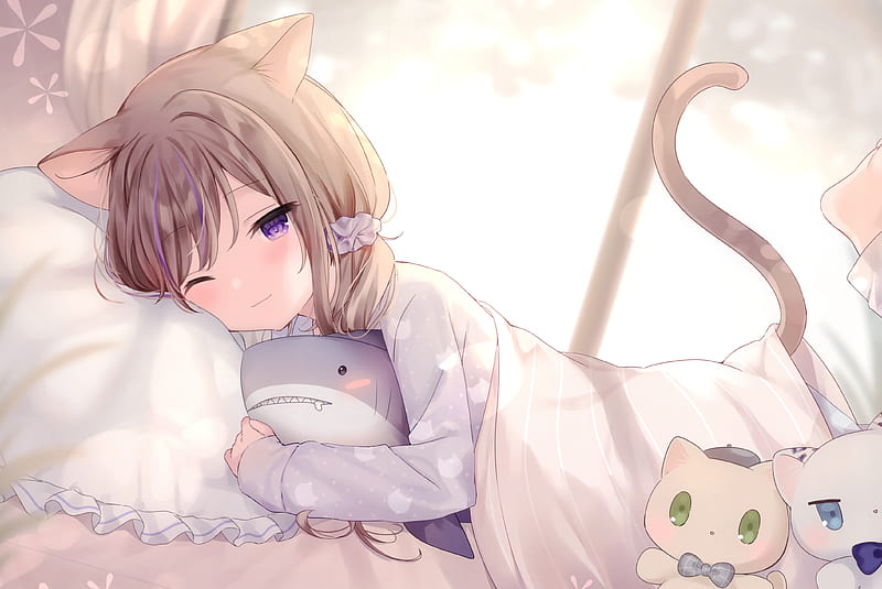 cat girl, animal ears, sleepy, stuffed toy, tail, Anime, HD wallpaper