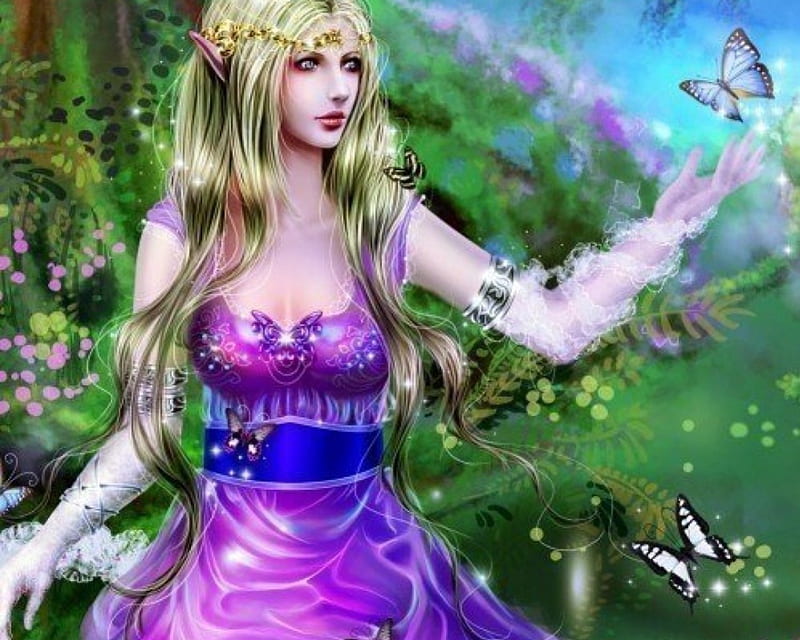Lovely Elf, forest, lovely, dress, purple, girl, elf, HD wallpaper