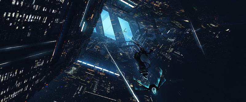 asteroid, futuristic cityscape, towers, spaceships, Sci-fi, HD wallpaper