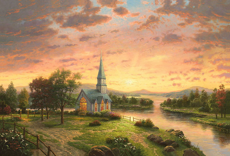 Painting of Church, painting, nature, sunset, church, HD wallpaper