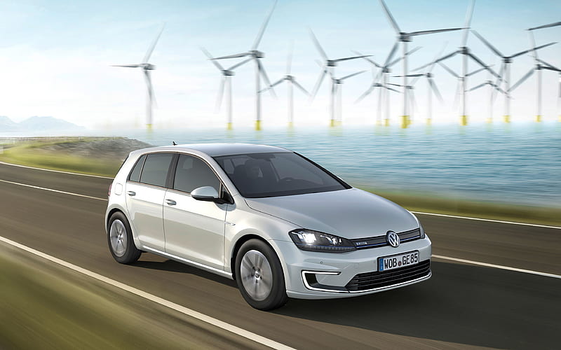 Volkswagen e-Golf, 2018, electric car, new white e-Golf, hatchback, electric Golf, wind power, alternative energy sources, HD wallpaper