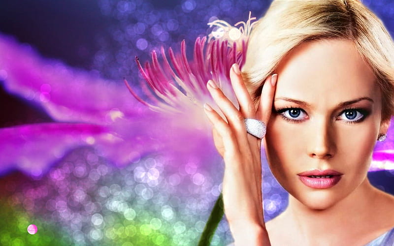 Elena Korikova, glitter, blonde, by cehenot, woman, bokeh, girl, green, purple, actress, flower, face, blue eyes, HD wallpaper