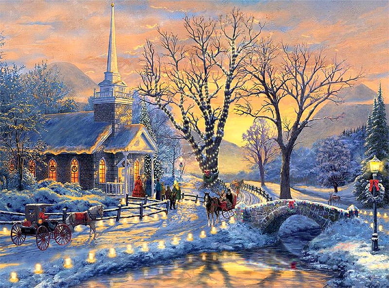 Holiday Evening Sleigh Ride, nature, winter, Christmas, holidays, cottages, love four seasons, sleigh ride, xmas and new year, paintings, snow, sunsets, churches, chapel, HD wallpaper