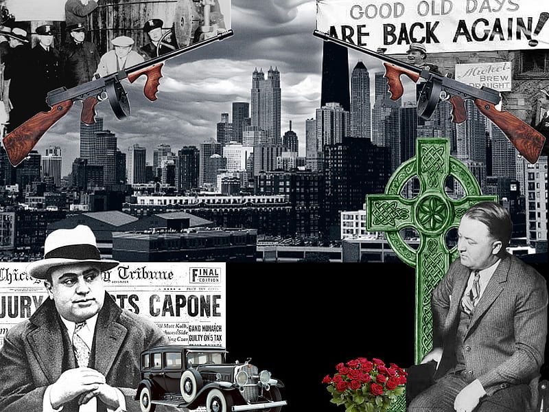prohibition Chicago Style, capone, 1930, chicago, crime, moran, machinegun, chicago skyline, HD wallpaper