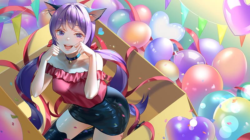 Anime, Girl, Animal Ears, Balloon, Cat Girl, Long Hair, Purple Eyes, Purple Hair, Skirt, HD wallpaper
