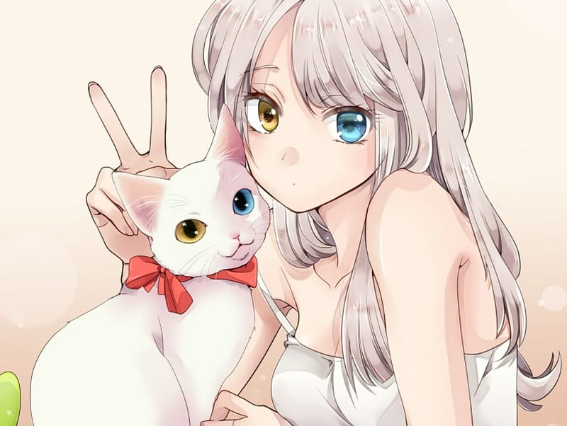 Girl and cat, girl, anime, mihara youzora, hand, manga, white, cat, animal, HD wallpaper