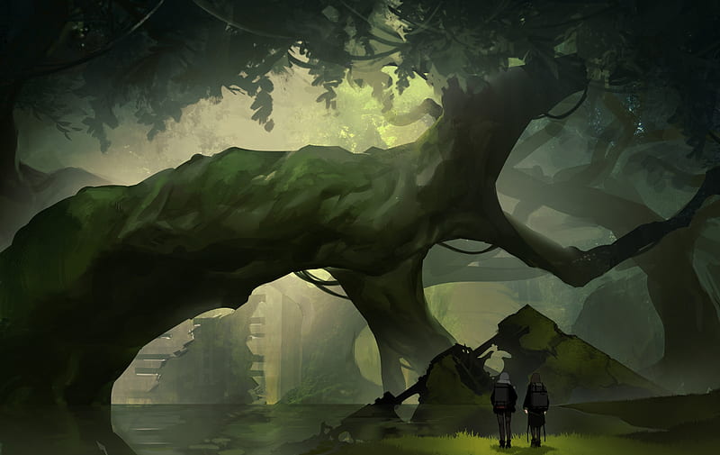 anime landscape, forest, people, ruins, giant tree, Anime, HD wallpaper