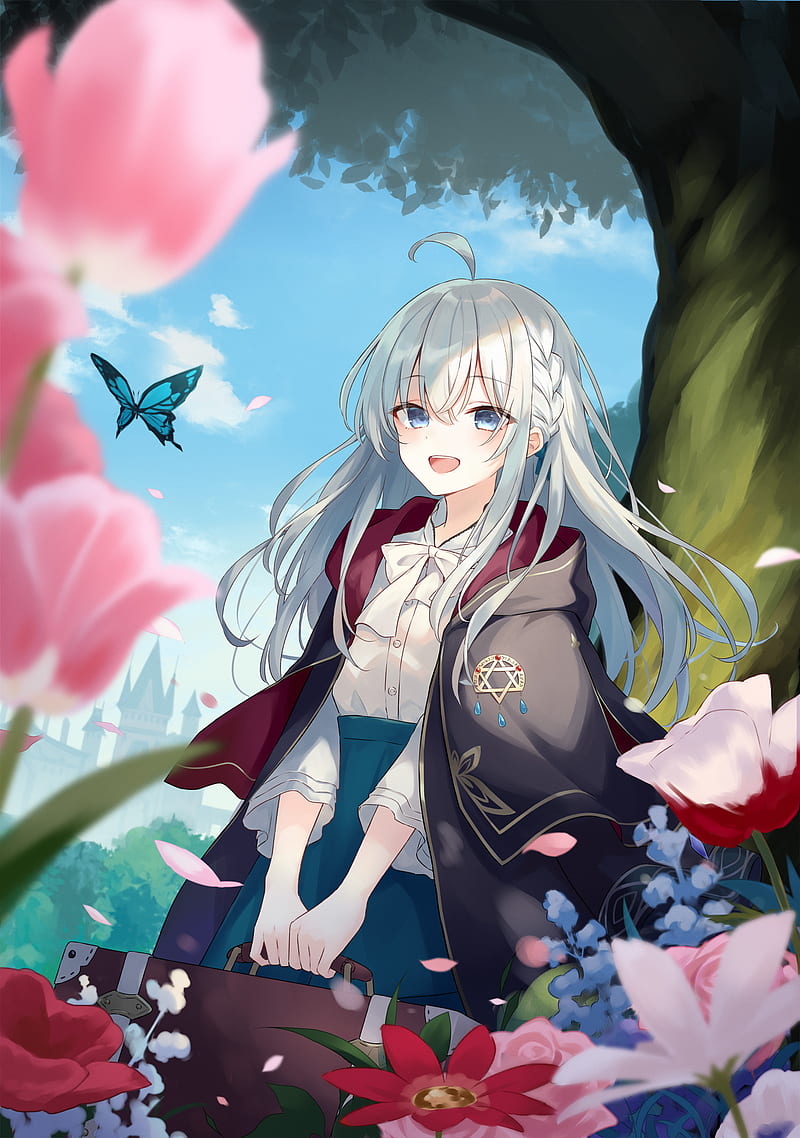 anime, anime girls, Majo no Tabitabi, Elaina (Majo no Tabitabi), silver hair, blue eyes, butterfly, flowers, Azuuru, HD phone wallpaper