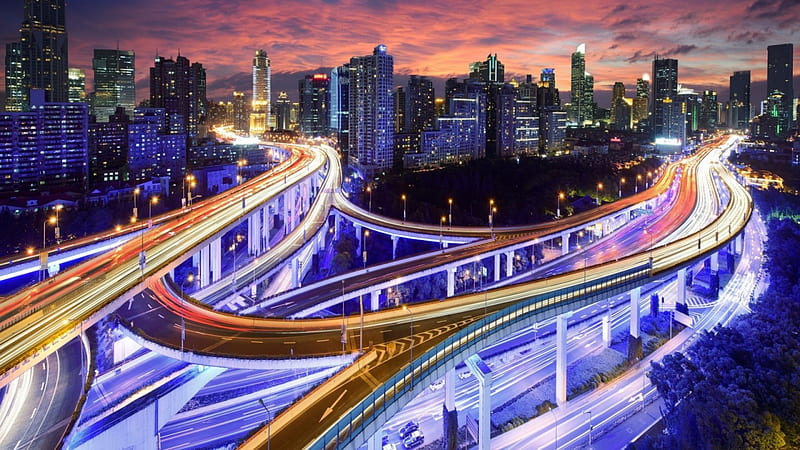 fabulously lit up city highways, sunset, city, highways, lights, HD wallpaper