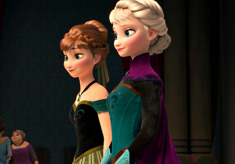 Frozen (2014), anna, movie, elsa, fantasy, green, purple, snow queen, sister, frozen, disney, HD wallpaper