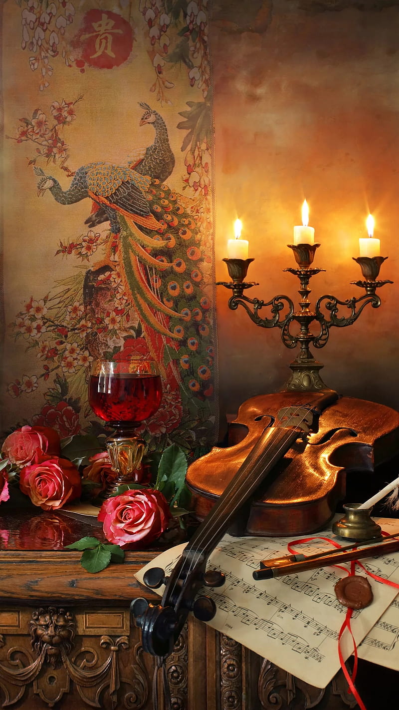 Romantic, candles, music, music notes, notebook, papers, peacock, roses, violin, HD phone wallpaper