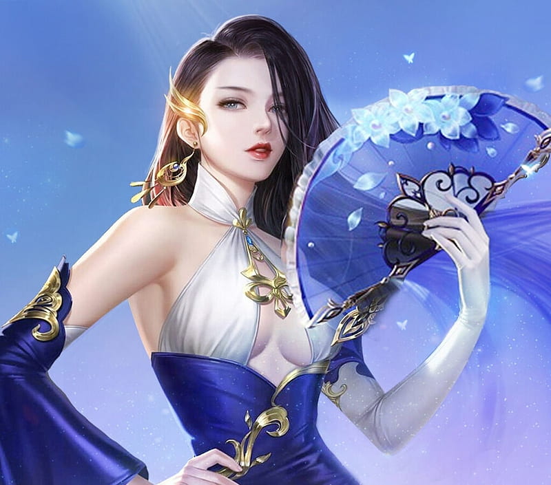 Fantasy girl, fantasy, girl, jack, evantai, luminos, hand fan, blue, HD wallpaper