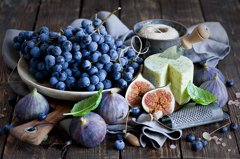Food, Still Life, Blueberry, Cheese, Fig, Grapes, HD wallpaper