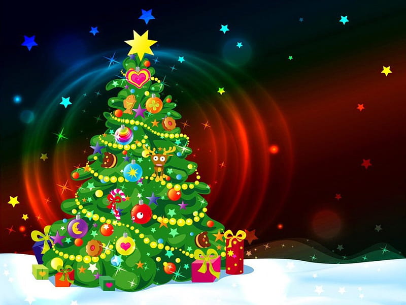 Christmas tree, stars, pretty, colorful, lovely, christmas, holiday, decoration, background, bonito, new year, lights, winter, tree, nice, balls, gifts, HD wallpaper