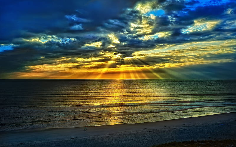 Dramatic sunset, beach, dramatic, ocean, nature, sunset, waves, clouds, sky, HD wallpaper
