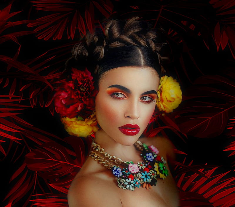 Ethereal Flowers In Her Hair, pretty, lovely, vivid, bold, Arova Valla, bonito, women are special, delicate, lips nails eyes hair art, etheral women, bright colors, vibrant, female trendsetters, HD wallpaper