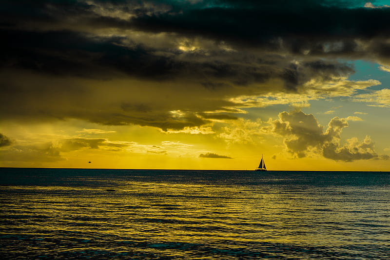 ship, sea, horizon, sunset, HD wallpaper