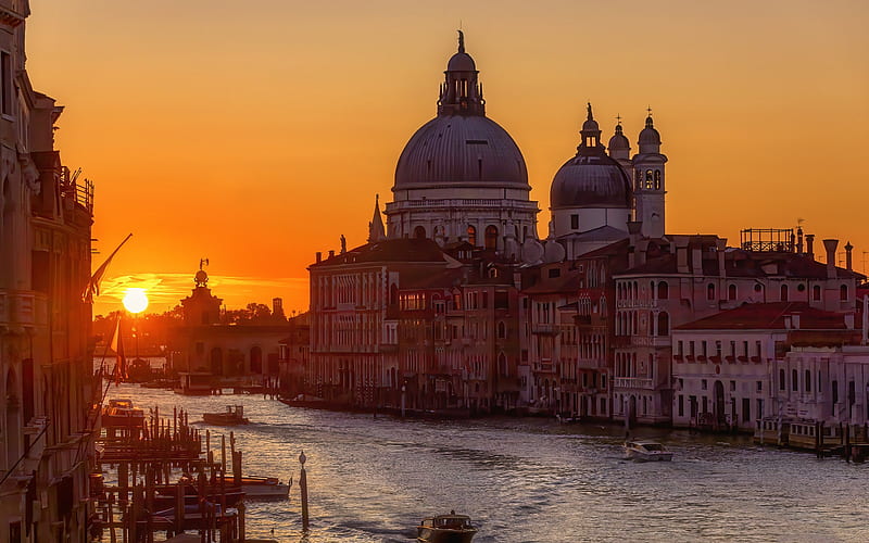 Basilica di Santa Maria della Salut, Venice, Punta della Dogana, Roman Catholic church, evening, sunset, landmark, Venice cityscape, Italy, HD wallpaper