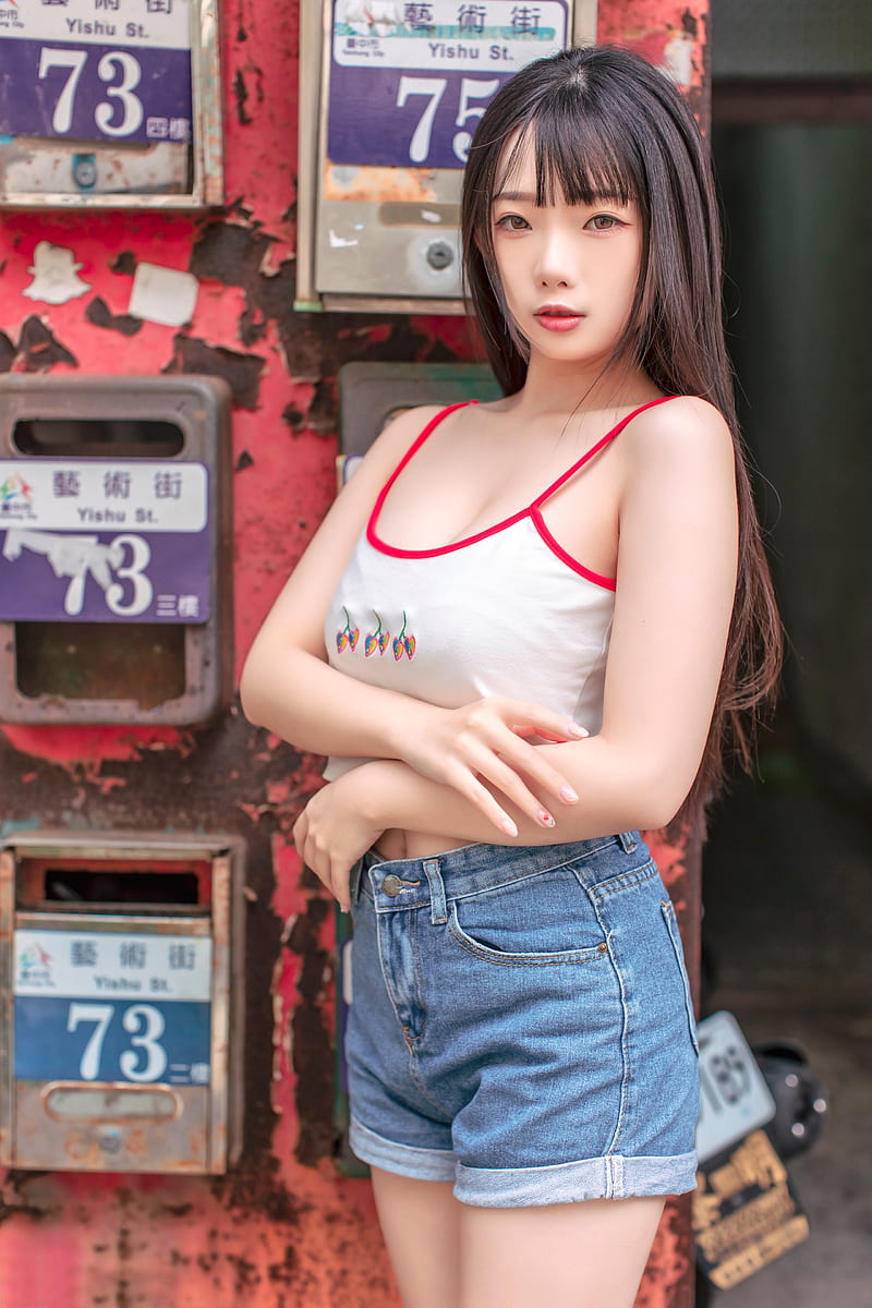 Asian, model, women, long hair, dark hair, Ning Shioulin, jean shorts, short tops, arms crossed, mailbox, looking at viewer, brown eyes, open mouth, portrait display, standing, depth of field, graphy, belly button, shorts, brunette, HD phone wallpaper